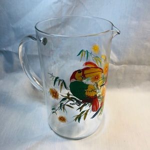 Glass Pitcher by Cerve. Hand Painted Toucans and Flowers. Made in Italy. Rare.